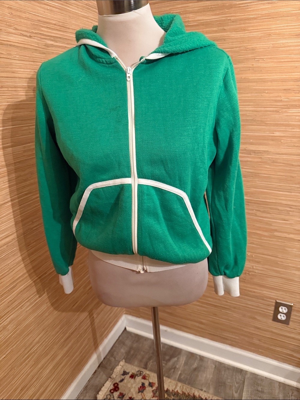 Green Hooded Zip Jacket with White Trim